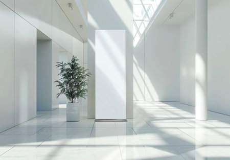 A clean, contemporary office hallway bathed in sunlight, featuring a large plant and a blank banner for your design.の素材