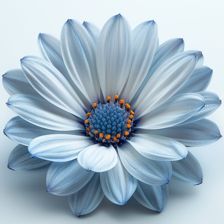 Detailed macro view of a striking blue and white African Daisy, showcasing its intricate petals and bright orange stamen against a clean, soft background.の素材