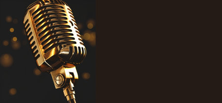 A vintage gold microphone stands out against a dark, blurred background with warm bokeh lights, representing classic sound recording and performance.の素材
