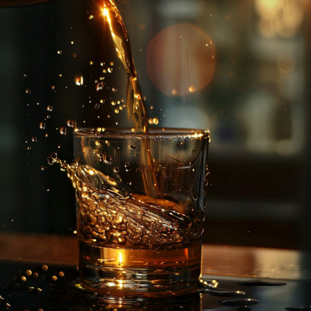 Amber liquid pours into a glass, creating splashes and bubbles. A dynamic and refreshing visual of a drink being served.の素材