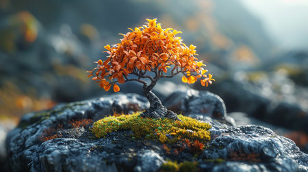 A detailed view of a small, artistic bonsai tree with bright orange leaves, set against a backdrop of moss-covered rocks and a soft, misty mountain environment.の素材