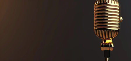 A close-up shot of a classic golden microphone, detailed and reflective, set against a smooth, dark gradient background, emphasizing its retro design.の素材