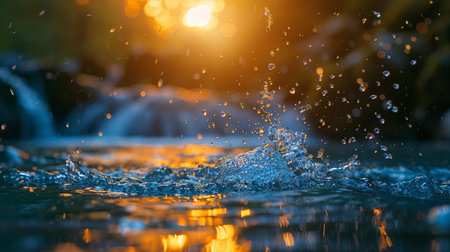 A dynamic macro photograph captures the beauty of water in motion, with droplets frozen in mid-air under the warm glow of golden sunlight.の素材