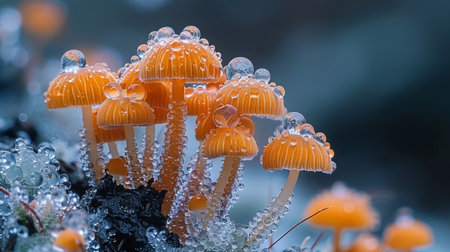 Macro view of delicate orange mushrooms adorned with dew drops, set against a soft blue bokeh background. A natural, enchanting scene.の素材