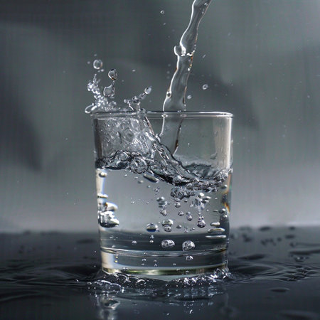 Close-up of clear water pouring into a glass, forming splashes, ripples, and bubbles, highlighting the liquid's movement.の素材