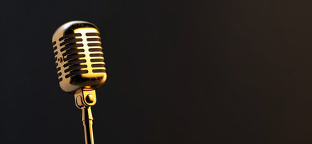 A detailed close-up shot of a classic golden microphone, highlighting its retro design against a dimly lit, plain backdrop.の素材