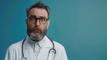 A middle-aged man with a beard and glasses, dressed as a doctor, looks confused and concerned. He wears a stethoscope around his neck.の素材