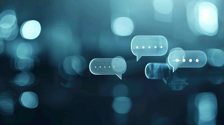 Abstract digital communication concept featuring illuminated chat bubbles against a bokeh background, symbolizing online messaging and connectivity.の素材