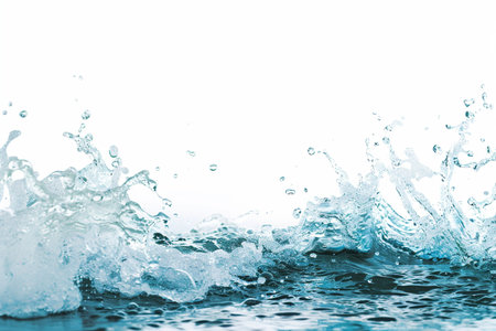 A vibrant, energetic splash of clear water forms a wave, captured mid-motion against a clean white backdrop. Refreshing and dynamic.の素材