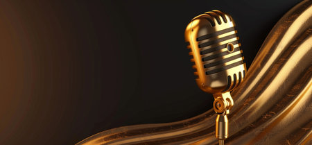 A classic gold microphone stands out against a rich, draped gold textile, symbolizing prestige and performance.の素材