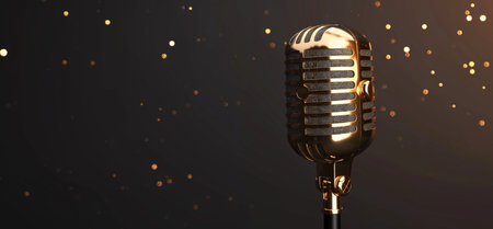 A close-up of a gleaming golden vintage microphone, set against a dark backdrop adorned with shimmering bokeh lights, evoking a sense of nostalgia and performance.の素材