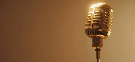 A classic gold microphone shines under a spotlight, with a soft bokeh effect, representing sound, broadcasting, and iconic performance.の素材