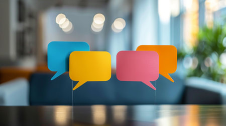Four vibrant speech bubble cutouts in blue, yellow, pink, and orange, displayed in a professional indoor environment.の素材