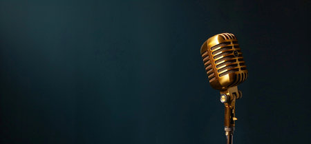 A classic gold retro microphone stands on a dark teal backdrop, illuminated by studio lights, perfect for music recording or performance.の素材