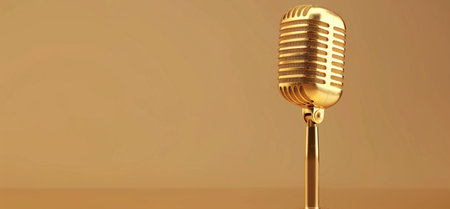 A classic gold retro microphone displayed on a glossy surface under studio lights, set against a smooth, warm gradient backdrop.の素材