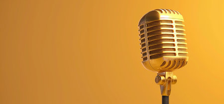 A gleaming gold vintage microphone on a stand, set against a soft amber gradient. Perfect for themes of music, broadcast, and retro style.の素材