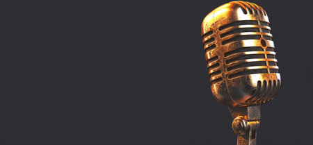 A close-up, detailed view of a shiny golden vintage microphone set against a plain dark backdrop, perfect for audio and music themes.の素材