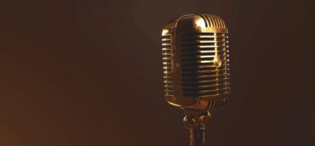 A classic gold retro microphone is spotlighted against a dark brown backdrop, symbolizing music, broadcasting, and performance.の素材