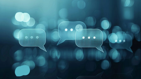 Abstract glowing chat bubbles in a digital communication concept with bokeh lights, symbolizing online interaction and networking.の素材