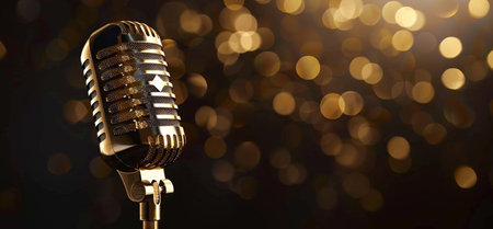A classic golden microphone stands against a dark backdrop illuminated by soft, defocused golden bokeh lights, evoking a sense of nostalgia and performance.の素材
