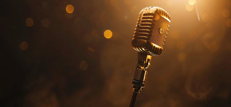 A classic golden retro microphone stands on a dark stage, illuminated by warm bokeh lights, symbolizing music and performance.の素材
