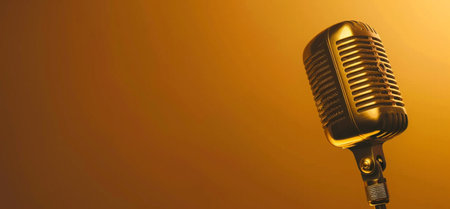 A classic retro gold microphone is showcased against a warm, glowing gradient background in a studio setting.の素材