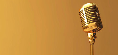 A classic gold vintage microphone is displayed against a plain yellow background. Retro audio equipment, perfect for music or broadcast themes.の素材