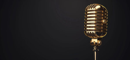 A gleaming gold retro microphone is showcased against a stark black backdrop, representing audio, performance, and classic sound.の素材