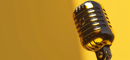 A close-up of a classic retro microphone in a shiny gold finish, positioned against a vibrant yellow backdrop.の素材