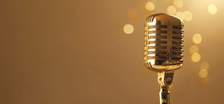 A classic gold microphone stands against a backdrop of warm, blurred lights, representing audio, performance, and achievement.の素材