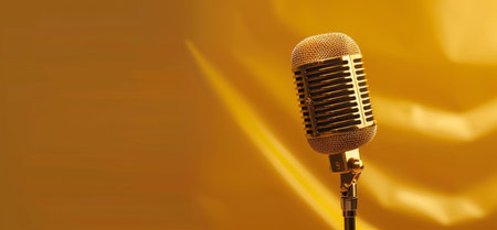 A classic gold microphone, detailed and shiny, stands against a soft yellow backdrop with gentle light flares. Isolated studio shot.の素材