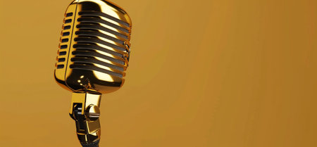 A shiny gold retro microphone stands against a warm yellow backdrop, symbolizing a rich audio heritage and high-quality sound.の素材