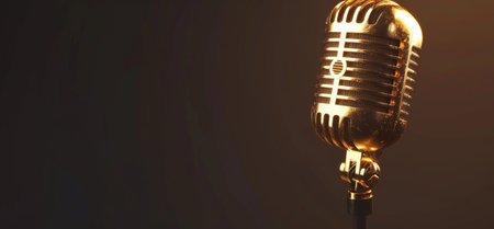 A gleaming golden vintage microphone is spotlighted against a dark, subtle gradient background, evoking a classic studio feel.の素材