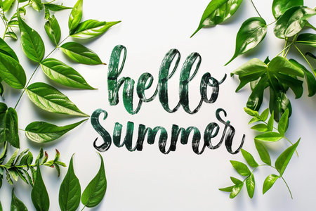 A beautiful 'Hello Summer' message written in elegant calligraphy, surrounded by lush green leaves and plants, perfect for seasonal decorations.の素材