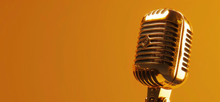 A close-up of a shiny golden vintage microphone, symbolizing music, broadcasting, and performance, set against a smooth yellow backdrop.の素材