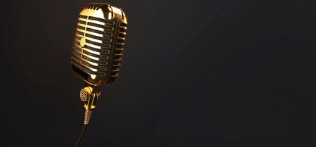 A gleaming golden vintage microphone is showcased against a dark, moody backdrop, evoking a sense of classic sound and performance.の素材