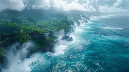 Aerial view of a dramatic tropical coastline featuring verdant, steep cliffs, misty waterfalls, and turquoise ocean waves crashing against rocks.の素材
