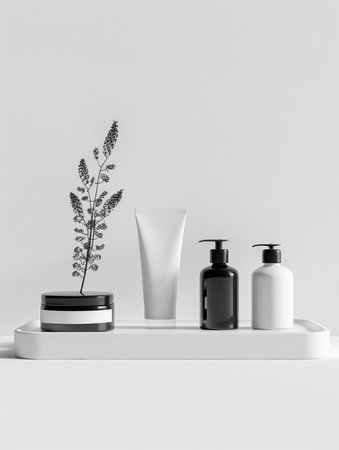 A clean and modern arrangement of skincare products including bottles and a tube, on a white tray, with a delicate plant.の素材