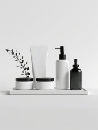 A clean, modern arrangement of skincare products and a decorative plant on a white tray, perfect for beauty and wellness.の素材