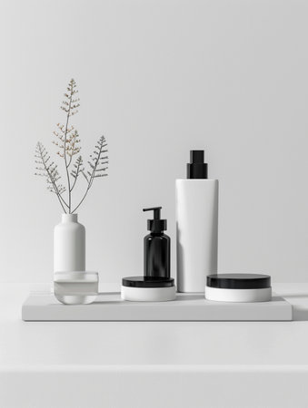 A clean composition featuring white and black skincare bottles and jars arranged with a dried decorative plant on a white shelf.の素材