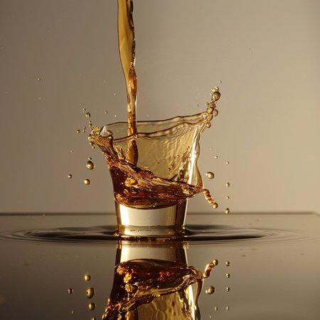A dynamic splash of golden amber liquid erupting from a glass, captured in high-speed photography with a perfect reflection.の素材
