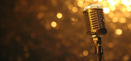 A close-up of a gleaming gold vintage microphone, set against a soft, glowing bokeh background, representing sound and audio.の素材