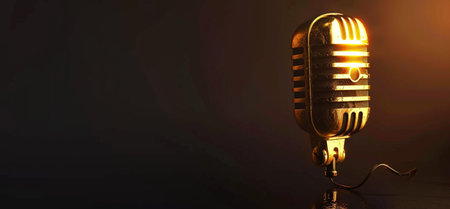 A close-up of a vintage gold microphone illuminated by dramatic golden light, placed on a wet, reflective surface.の素材