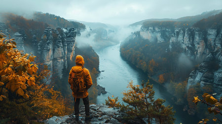 A solo traveler on a cliff edge overlooking a vast, fog-filled river canyon during the fall season.の素材