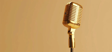 A gleaming gold retro microphone stands on a simple, soft amber backdrop, symbolizing classic audio recording.の素材
