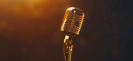A close-up of a gleaming golden vintage microphone, illuminated by a warm spotlight against a dark, atmospheric background.の素材