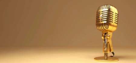 A shiny golden vintage microphone sits on a matching pedestal stand, symbolizing audio recording and classic performance.の素材