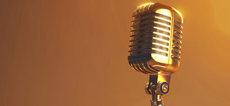 A close-up of a gleaming golden vintage microphone, illuminated by warm light against a soft ochre backdrop, suggesting nostalgia and timeless sound.の素材