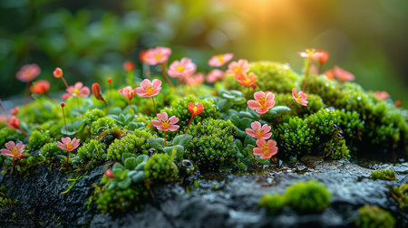 Close-up view of delicate pink wild flowers growing on vibrant moss. Sunlight illuminates the scene, highlighting water droplets on the moss.の素材