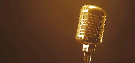 A gleaming golden vintage microphone stands on a dark, atmospheric background, highlighted by a dramatic spotlight. Classic audio equipment.の素材